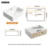 Diagrams and images of a white ceramic sink with dimensions and product information. Anteprima dell’immagine prodotto