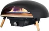 A black gas pizza oven with wooden legs is shown on a white background. Produktbild-Vorschau