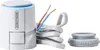 A white Zewotherm thermostatic radiator valve actuator with a blue accent ring, a coiled cable with two wires, and a gray adapter nut. Produktbild-Vorschau