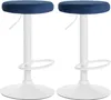 Two blue bar stools with white bases and stems are shown against a white background.