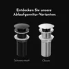 Two drain fittings are shown side-by-side against a black background, with text labels below them. Produktbild-Vorschau