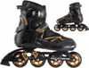 A pair of black and orange inline skates are displayed against a white background. One skate is shown in full detail in the foreground, while a second skate is shown in the background, slightly elevated and to the right. Podgląd zdjęcia produktu