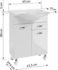A white bathroom vanity with a sink and chrome handles, shown with dimensions indicated by measurement lines and text. Podgląd zdjęcia produktu