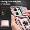 A hand is holding a rose gold phone case with a sliding camera cover and a ring holder. The image highlights the features of the case with text overlays and diagrams. Produktbild-Vorschau