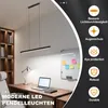 A modern LED pendant light is shown hanging above a desk in a home office setting. The image also includes marketing text and icons highlighting product features. Produktbild-Vorschau