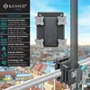 A product image displaying a balcony umbrella holder and its features with a cityscape in the background. Produktbild-Vorschau