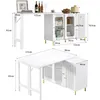 Two views of a white sideboard with glass doors and drawers, showing dimensions for both assembled and extended states. Produktbild-Vorschau