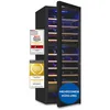 A wine cooler with its door slightly ajar, displaying bottles on shelves illuminated by blue light. Several award badges are attached to the front of the cooler. Produktbild-Vorschau