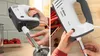 A split image showing a hand mixer being used to prepare food. Produktbild-Vorschau