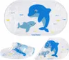 A collage of images showing a baby bath mat with a dolphin design. The top image shows the full mat, while the bottom two images show it rolled and folded. Produktbild-Vorschau