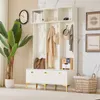 A white entryway storage set with a bench, shelves, and hooks, decorated with a plant, clock, and artwork. Anteprima dell’immagine prodotto