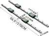 Two linear motion guide rails with multiple bearing blocks mounted on them, with dimensions indicated by text overlays. Podgląd zdjęcia produktu
