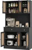 A black kitchen cabinet with various items on its shelves and inside its compartments. Podgląd zdjęcia produktu