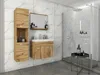 A modern bathroom vanity and storage unit with a wood finish, set against a marble-tiled wall. Náhled obrázku produktu
