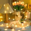 A cozy indoor scene with a lamp, tulips, a candle, and a string of star-shaped lights. Náhled obrázku produktu