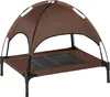 A brown elevated pet bed with a canopy, shown against a white background.