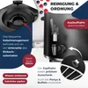 A close-up marketing image of a black beverage dispenser, highlighting its features with text overlays and callouts. Produktbild-Vorschau