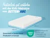 A mattress with dimensions and certifications displayed against a light blue background. Produktbild-Vorschau