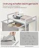 A collage showing a white metal laundry cart with a gray fabric basket, a top shelf with toiletries and folded towels, a close-up of the fabric basket attachment, and a close-up of the water-repellent fabric. Produktbild-Vorschau