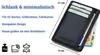 A black leather cardholder with cards and banknotes inserted, shown with dimensions and feature icons. Produktbild-Vorschau