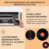 A collage of images showing a record player, a smartphone, and vinyl records, with text describing features. Produktbild-Vorschau