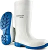 A pair of white Dunlop Purofort MultiGrip boots with blue soles and treads, shown against a white background. Produktbild-Vorschau