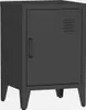 A black industrial-style nightstand with one door and four legs, shown against a white background.