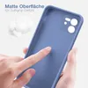A hand is touching a blue phone case, highlighting its matte surface and soft grip. Produktbild-Vorschau