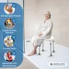 An elderly woman sits on a shower stool in a modern shower stall, with marketing text and icons on the left side. Náhľad obrázku produktu