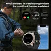 A man wearing a smartwatch is shown outdoors, with graphics overlayed on the image showcasing the smartwatch's features and a smartphone displaying weather information. Produktbild-Vorschau
