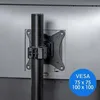 Close-up of a monitor mount attached to the back of a monitor, with a blue circle overlay indicating VESA compatibility. Produktbild-Vorschau