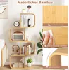 A S-shaped bamboo bookshelf with various items displayed on its shelves, alongside close-up marketing images highlighting product features. Podgląd zdjęcia produktu