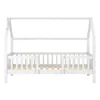 A white wooden house-shaped bed frame with a slatted base and partial railings. Produktbild-Vorschau