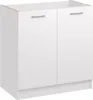 A white kitchen base cabinet with two doors and silver handles, shown from the front. Produktbild-Vorschau