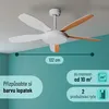 A ceiling fan is shown with dimensions and features displayed as text overlays. Náhled obrázku produktu