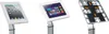 A collage of three images showing a tablet stand from different angles, including a view of the adjustable mounting mechanism. Produktbild-Vorschau