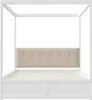 A white canopy bed with a beige upholstered headboard, shown from the front. Produktbild-Vorschau