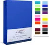 A folded blue fitted sheet is shown on the left, with a strip of color swatches on the right. Produktbild-Vorschau