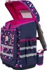 A navy blue and pink floral patterned school backpack with the flap open. Voir les images du produit