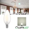 A collage of a chandelier-lit room and a close-up of an LED light bulb. Produktbild-Vorschau