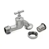 A silver-colored water tap with a threaded connection and a T-shaped handle, along with two separate accessories: a threaded ring and a hose nozzle. The items are arranged on a white background. Produktbild-Vorschau