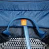 A close-up view of a blue backpack with a water tube and a small orange tag with a water drop logo. Produktbild-Vorschau