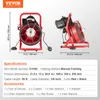 Two views of a red and black drain cleaning machine with dimensions and specifications listed below. Produktbild-Vorschau