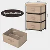 A diagram showing the dimensions of a fabric storage unit with three drawers, alongside a separate view of one of the drawers. Podgląd zdjęcia produktu