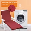 A red lounge chair cushion is shown next to a washing machine, with text indicating washability and a hidden zipper feature. Anteprima dell’immagine prodotto