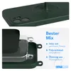 A split image showing the back of a dark green phone case in the top panel and a layered diagram of the phone case's construction in the bottom panel. Produktbild-Vorschau