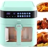 A collage featuring a mint green air fryer, french fries, fried chicken legs, and a roasted chicken with potatoes. Produktbild-Vorschau