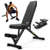 A man is shown using a weight bench, with the bench itself and a folded version of the bench also visible. Produktbild-Vorschau