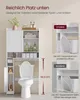 A bathroom shelf unit positioned over a toilet, with comparative images showing its advantages. Produktbild-Vorschau