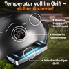Close-up of a black electric grill with blue light accents and text overlays highlighting features. Produktbild-Vorschau